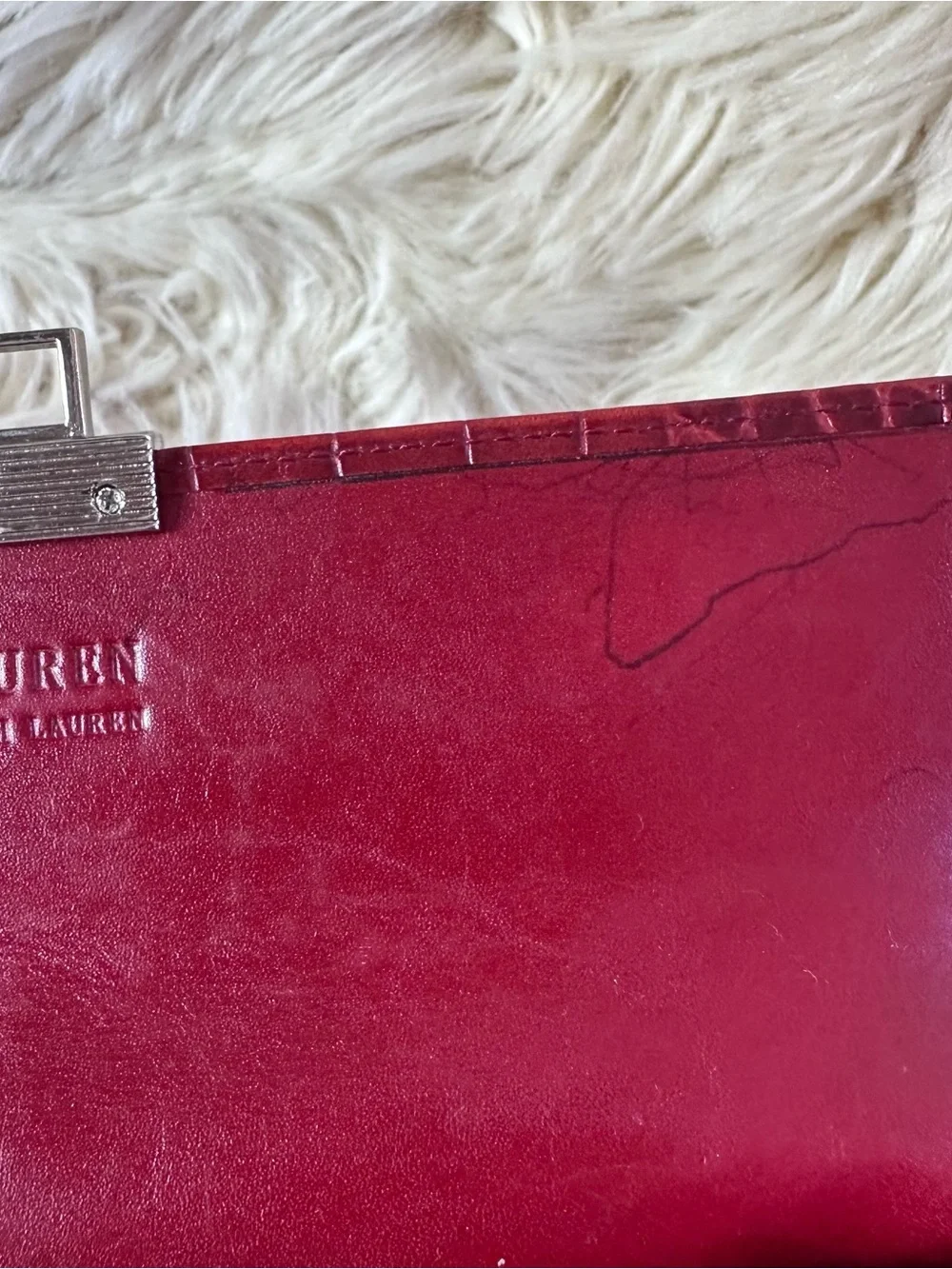 Lauren Ralph Lauren Burgundy Croc-Embossed Wallet with Silver Logo